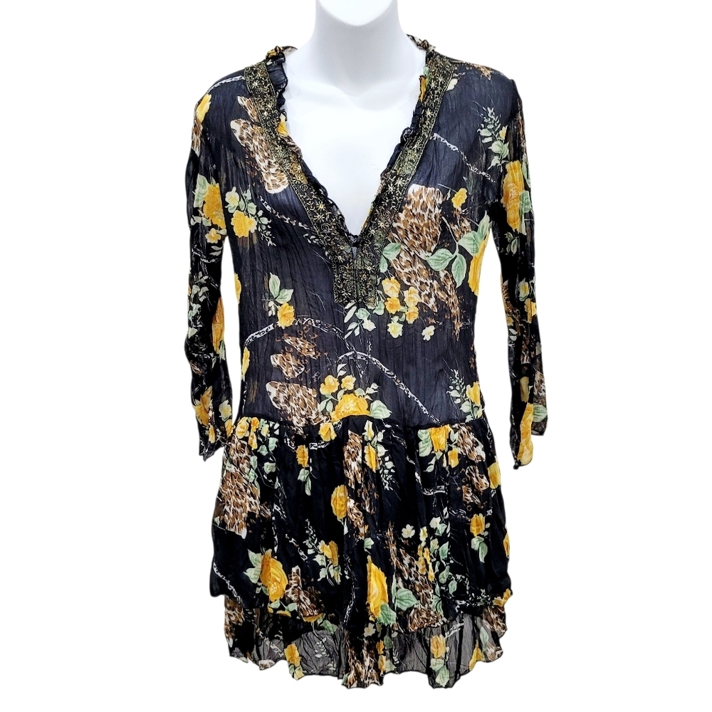 2/$20 Indian Style Black & Yellow Floral Pattern Top Blouse Size: Small